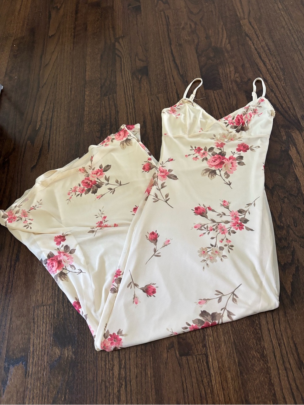 Tiger Mist Cream Floral Satin Slip Dress with Pink Roses